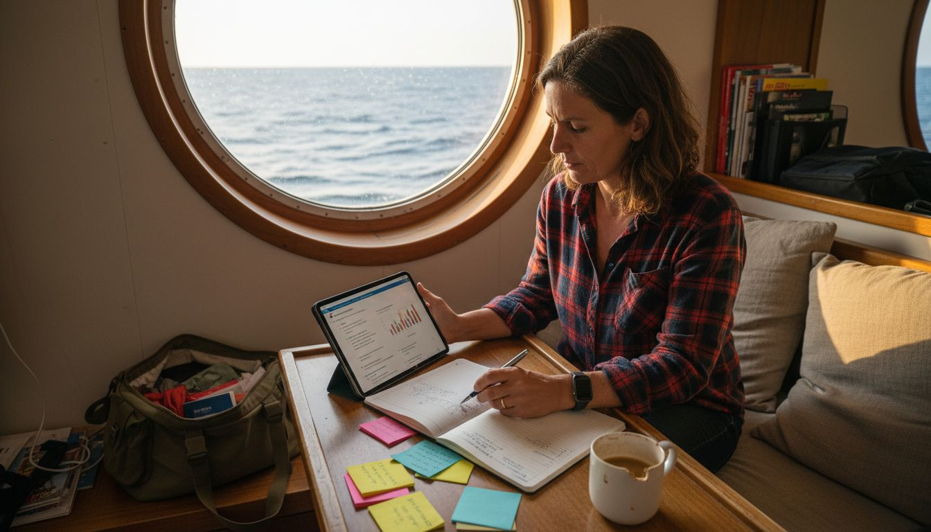 Assise près du hublot d’un bateau, une femme consulte sa tablette, plongée dans son travail tout en profitant de la vue sur l’océan.