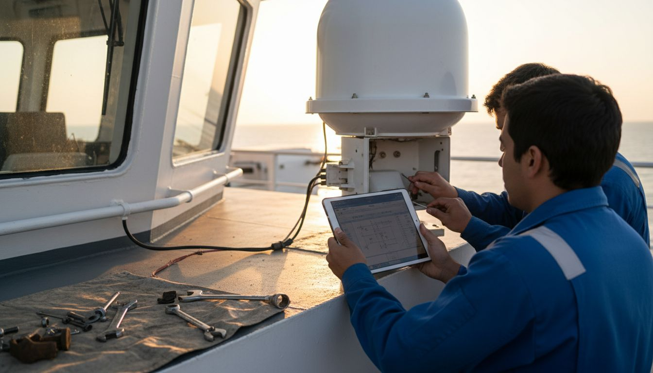 Especialistas inspeccionan la antena satelital a bordo de un barco.
