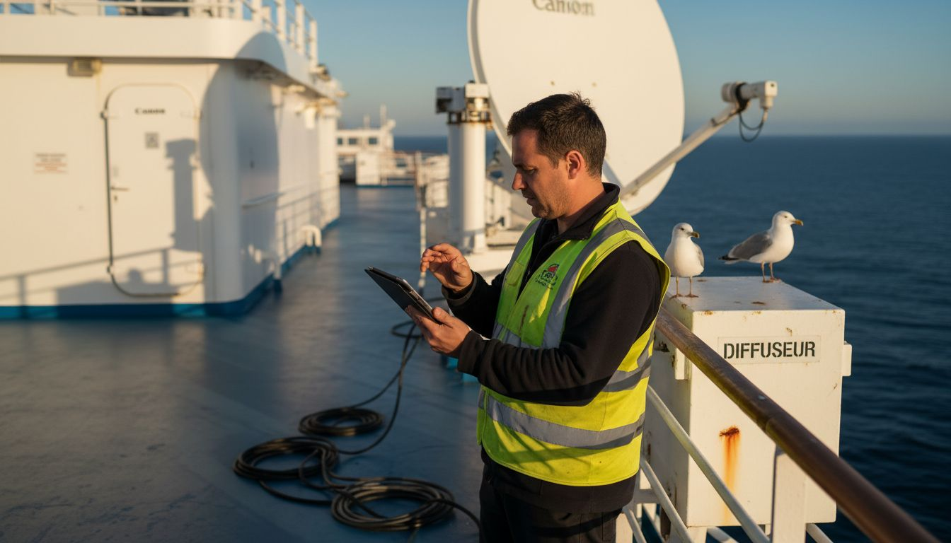 Un spécialiste en maintenance effectue le contrôle d’une antenne Wi-Fi installée à bord d’un navire.