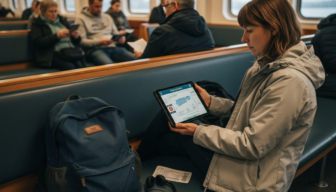 Eine Frau setzt auf einer Fährfahrt eine Sicherheits-App ein.