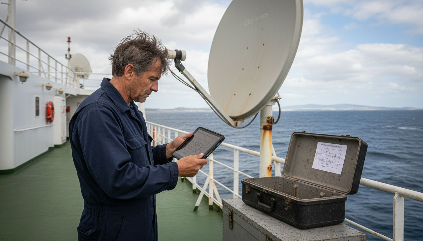 Especialista realizando mantenimiento a la antena Wi-Fi a bordo del ferry