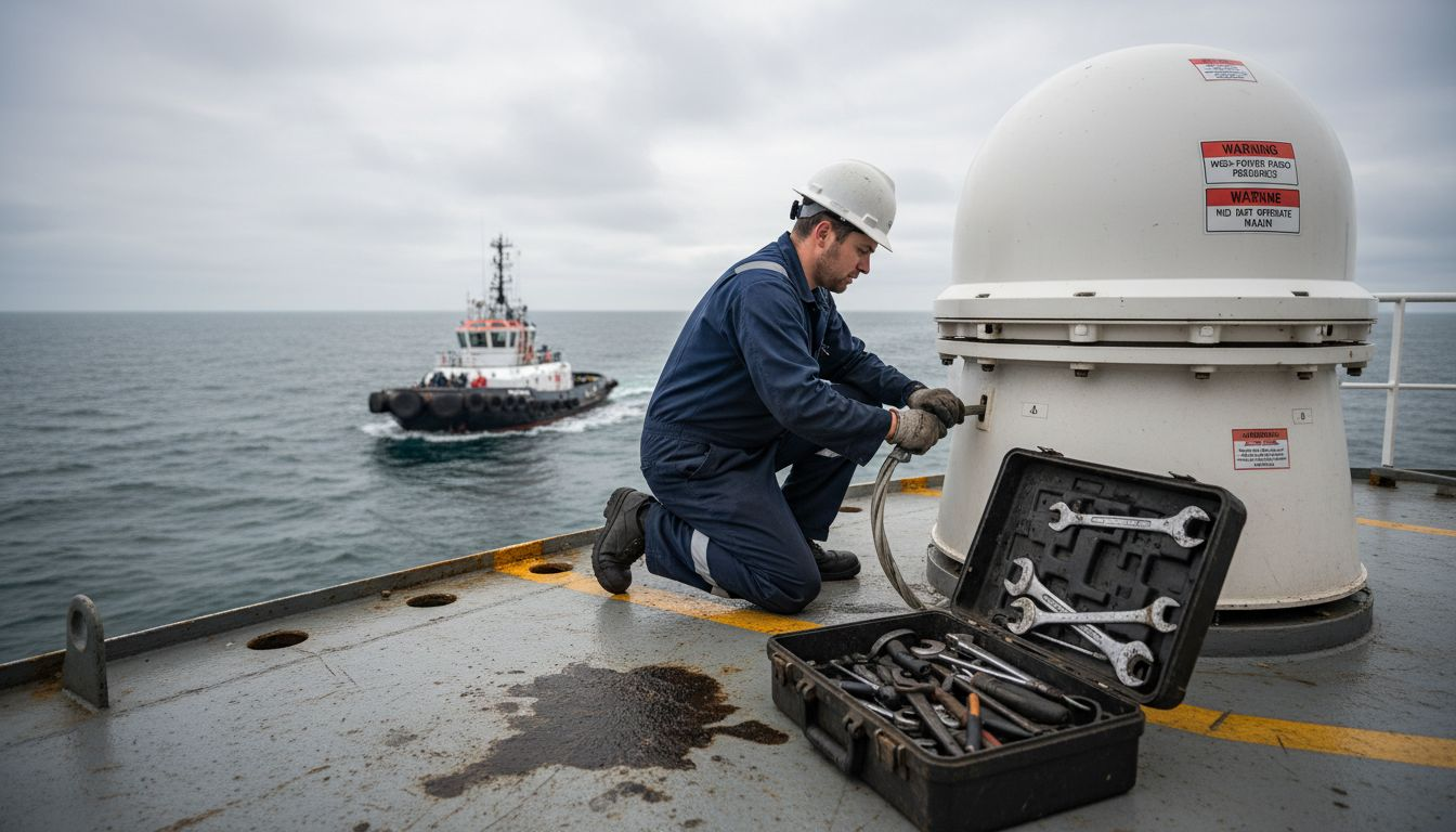 Crew installs satellite antenna on ferry deck