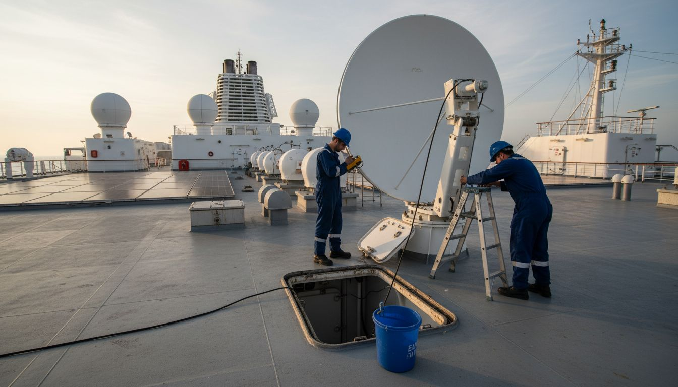 Des membres d’équipage procèdent à l’installation d’une antenne satellite à bord du navire.
