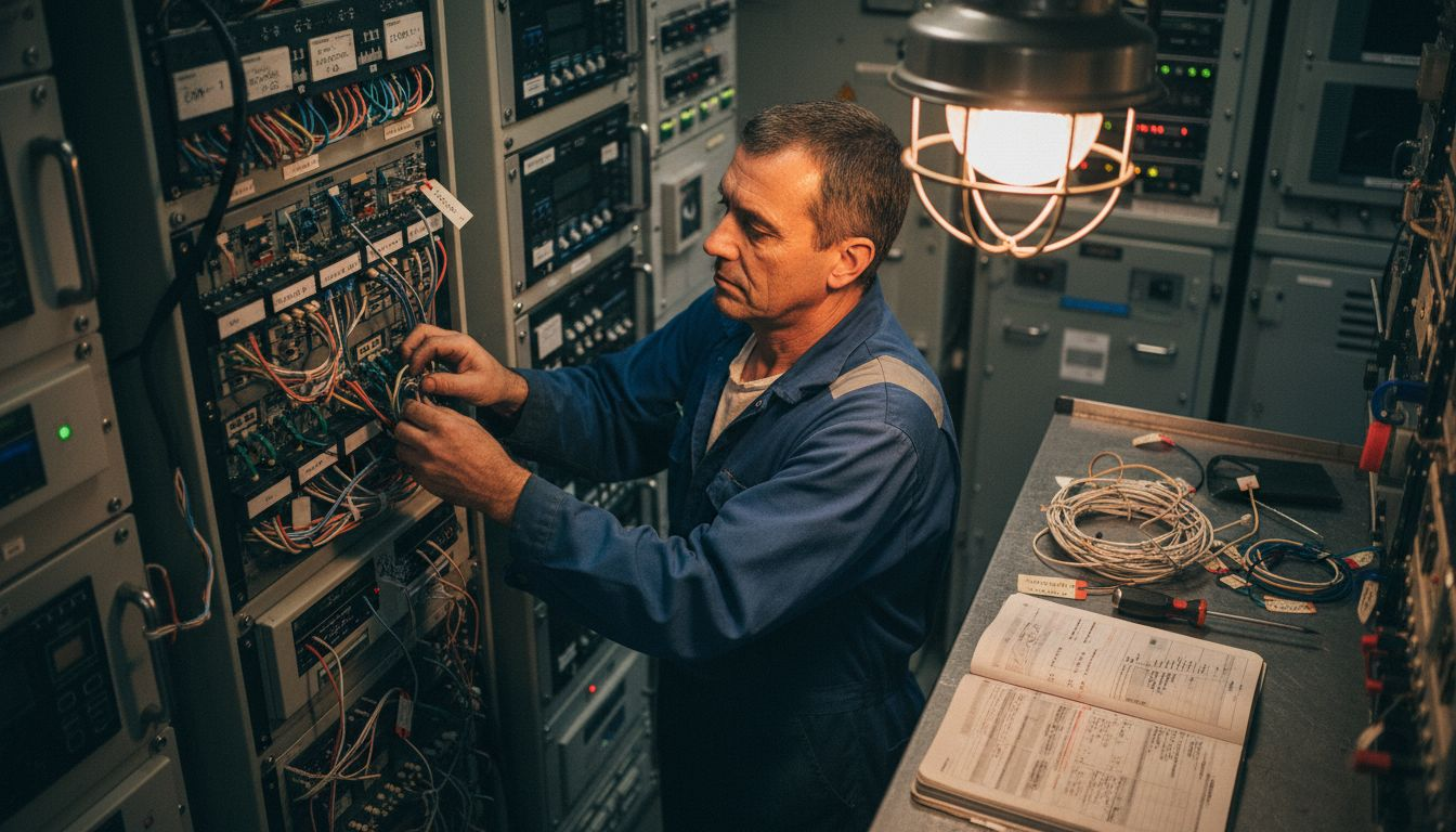 Especialista realiza ajustes en las conexiones dentro de la sala técnica marítima.