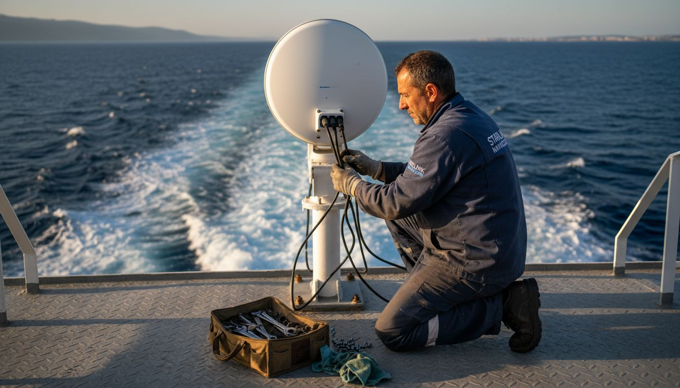 Un tecnico al lavoro sulla nave regola la parabola Starlink per ottimizzare il segnale.