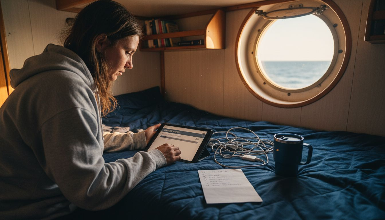 Traveler updating security software in ship cabin