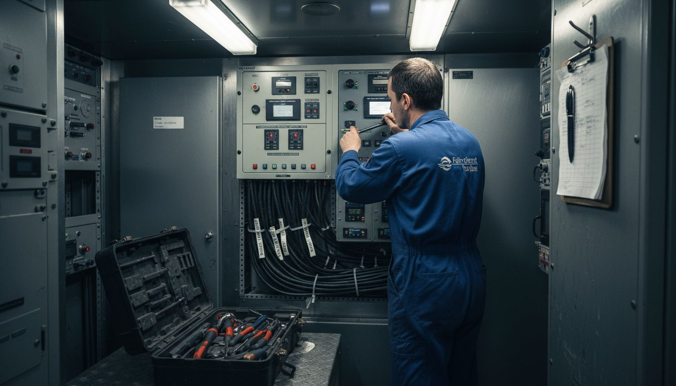 Ein Techniker überprüft die Satellitenanlage im Inneren des Schiffes.