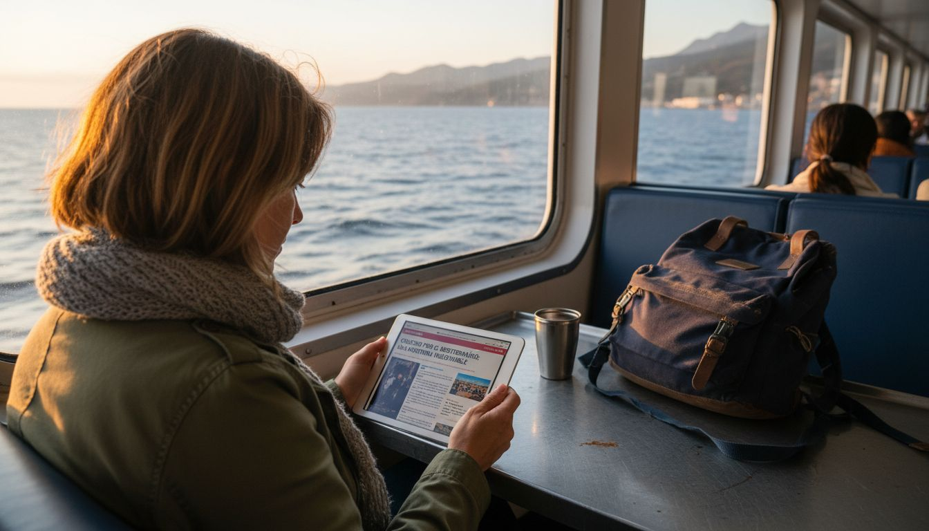 Mujer conectada al WiFi en la sala principal del ferry