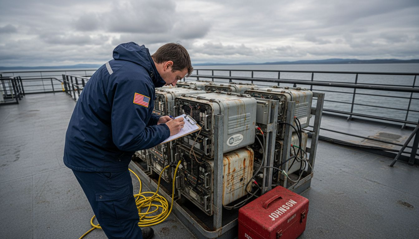 Engineer inspects ferry Wi-Fi satellite equipment