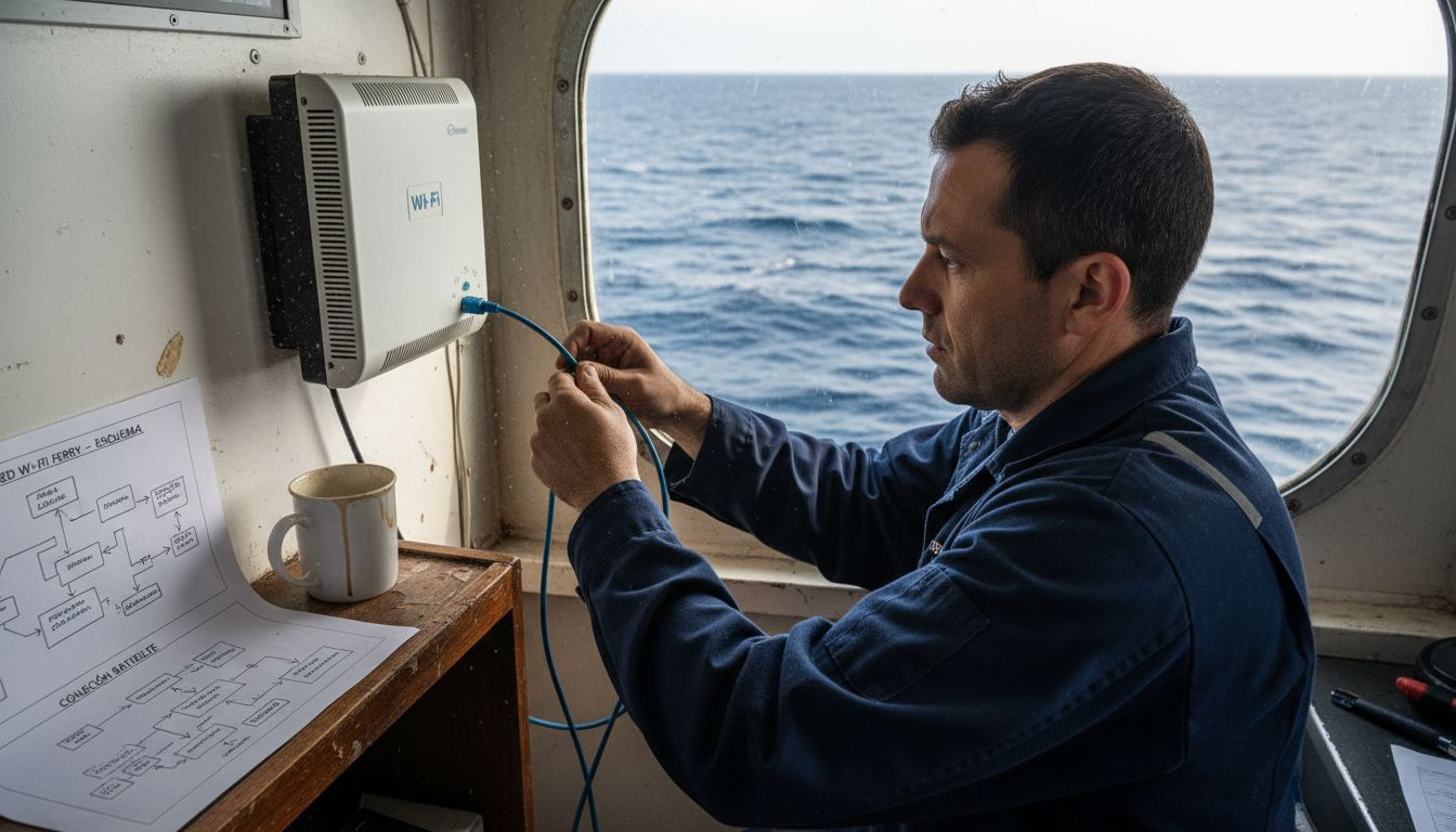 Un técnico realiza ajustes en el router Wi-Fi a bordo de un ferry.