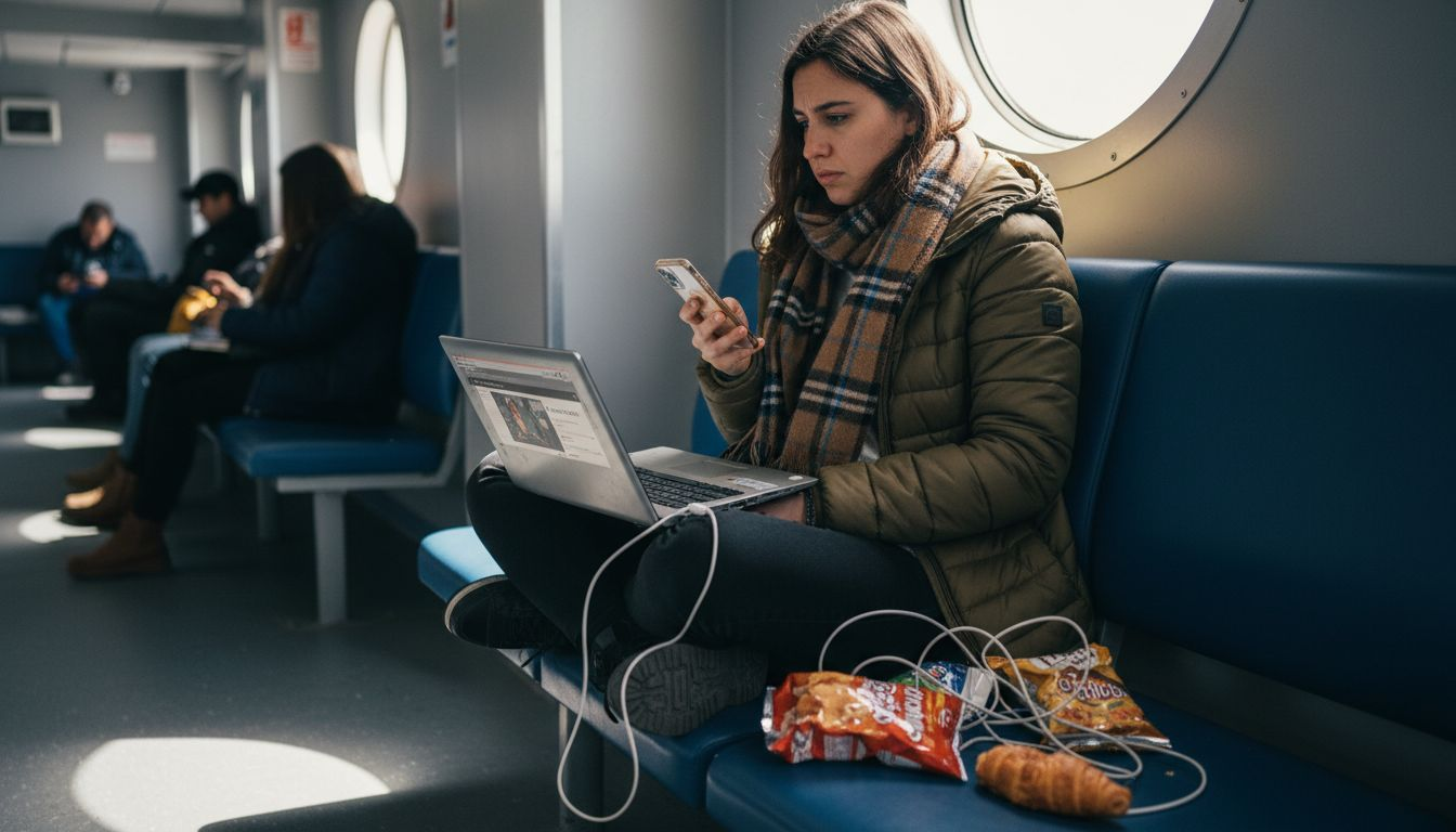 Donna che naviga su Internet utilizzando una rete Wi-Fi non protetta durante un viaggio in traghetto