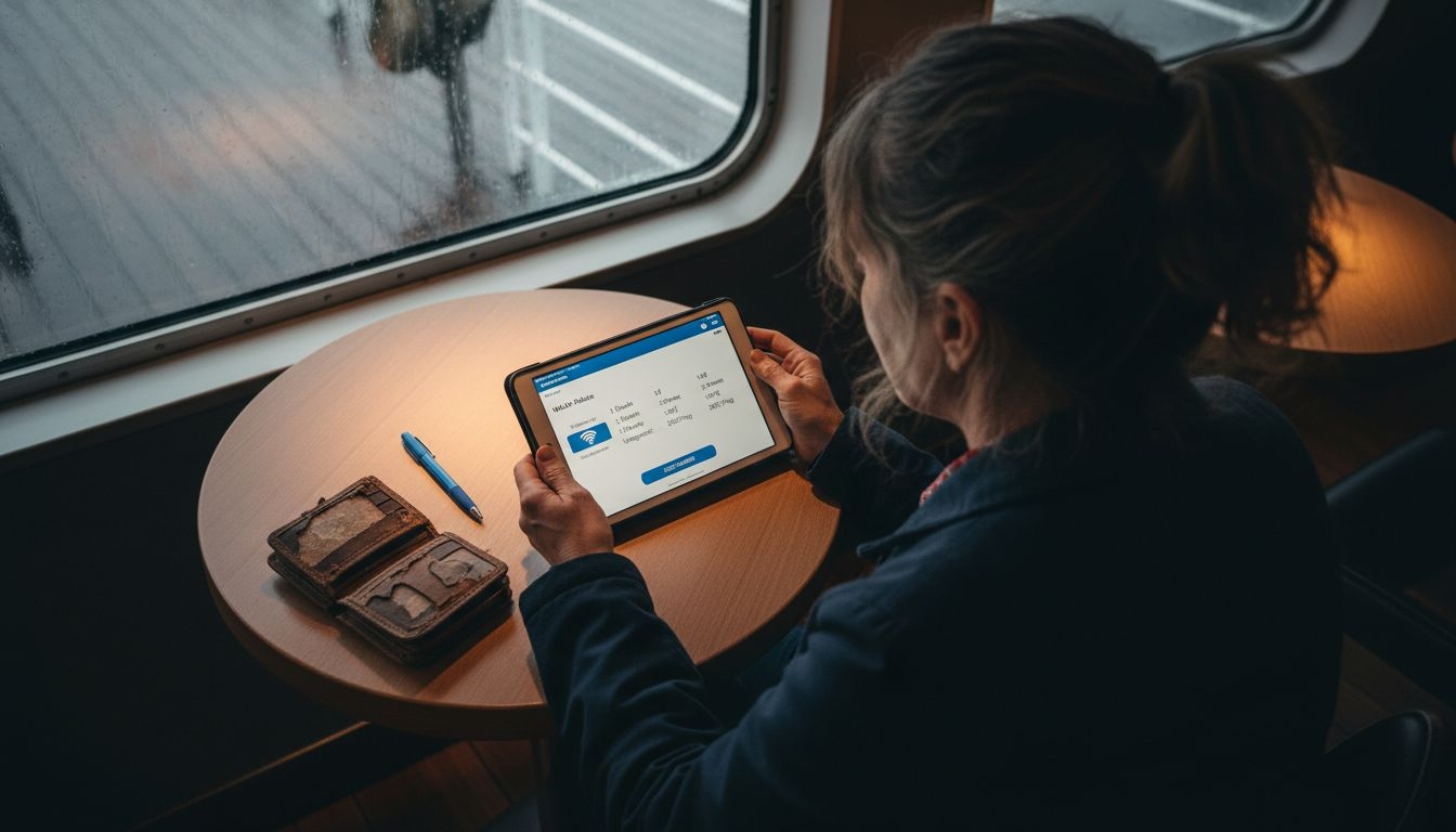 Eine Frau bucht an Bord der Fähre ein WLAN-Paket.