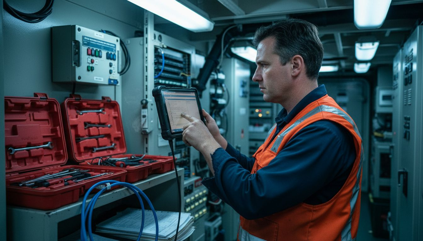 Ship officer checking maritime network equipment
