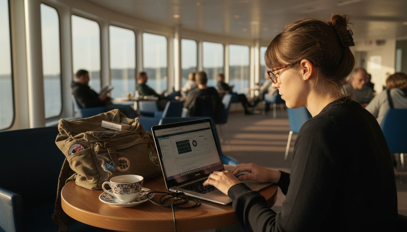 Une passagère se connecte au Wi-Fi depuis le ferry.