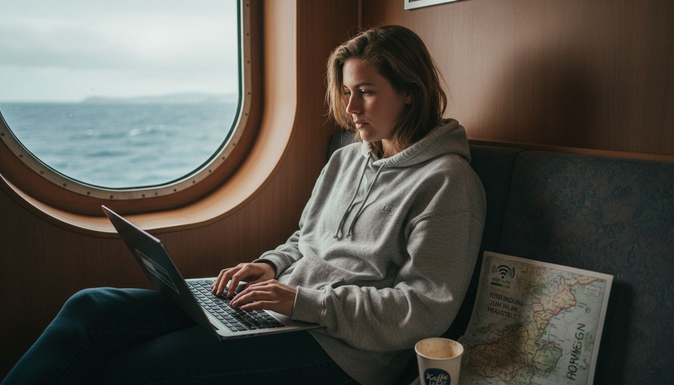Eine Frau verbindet ihren Laptop mit dem WLAN in ihrer Kabine auf der Fähre.