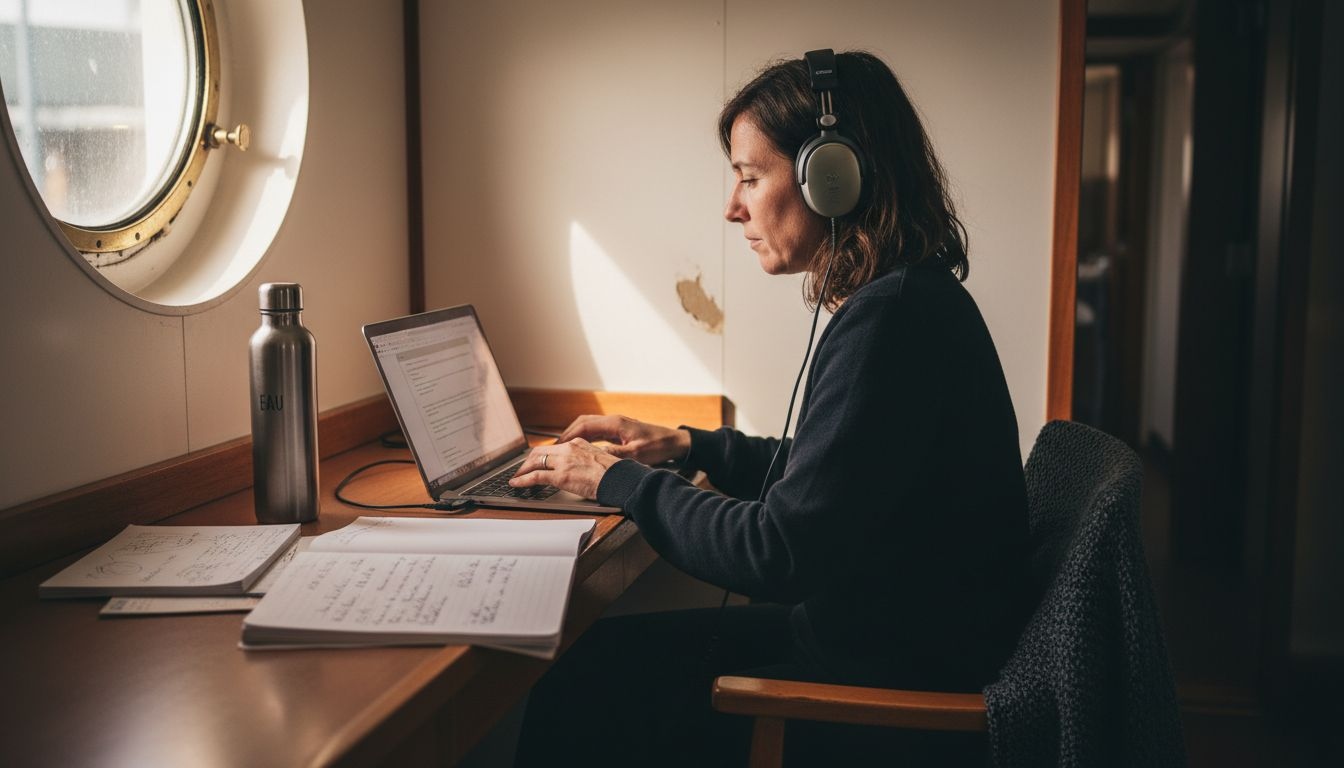 Une télétravailleuse installée près du hublot, concentrée sur son clavier