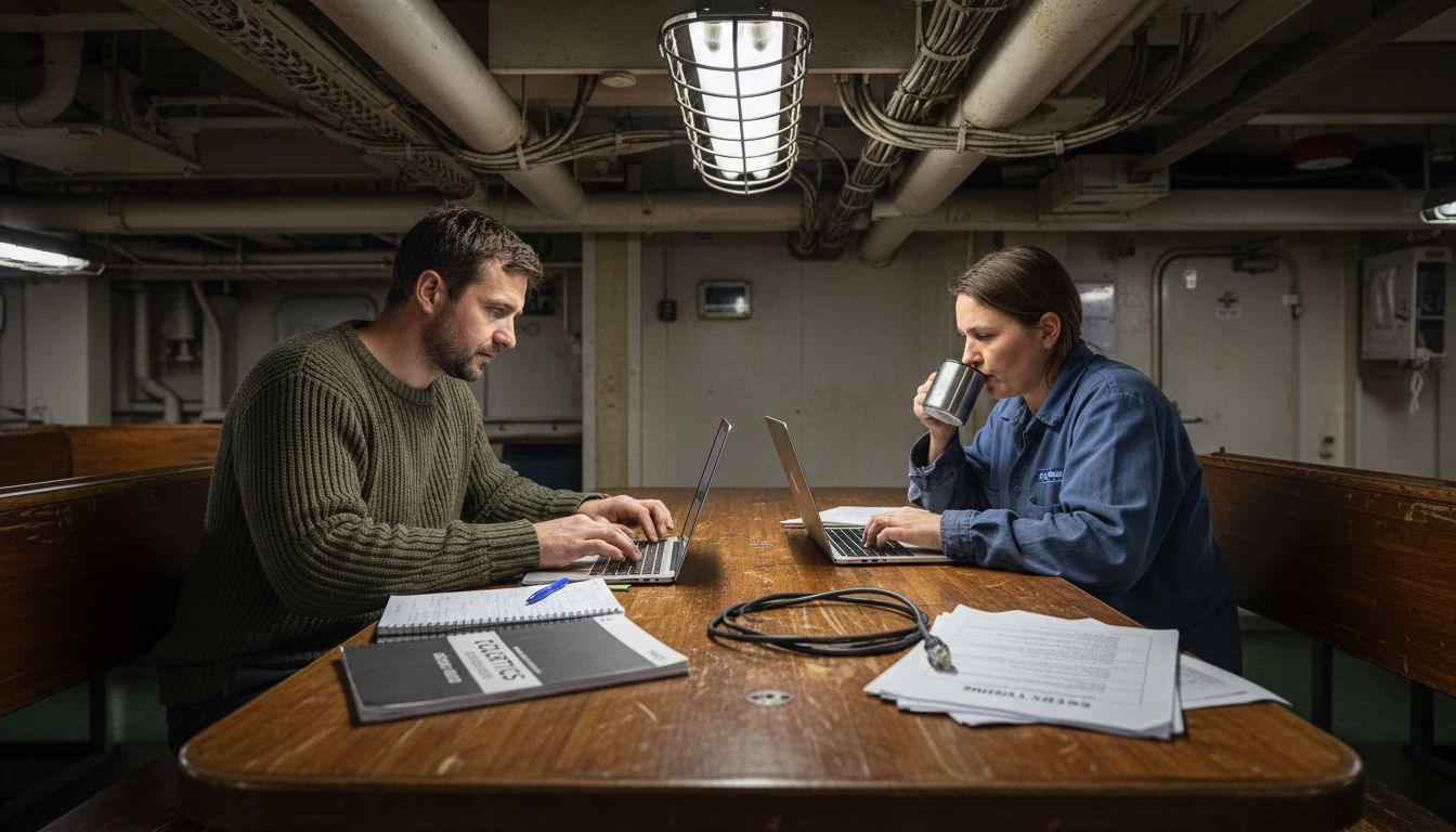 Maritime workers using laptops in ship office