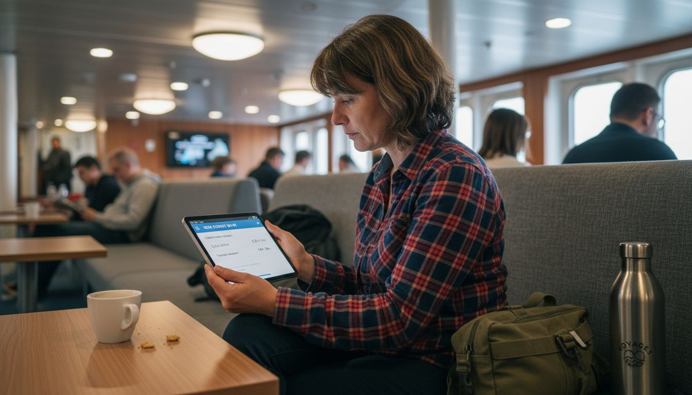 Une passagère valide son achat de connexion Wi-Fi à bord du ferry.
