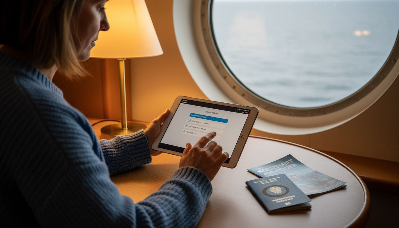 Eine Frau entscheidet sich, im Schiffsabteil einen WLAN-Tarif zu buchen.