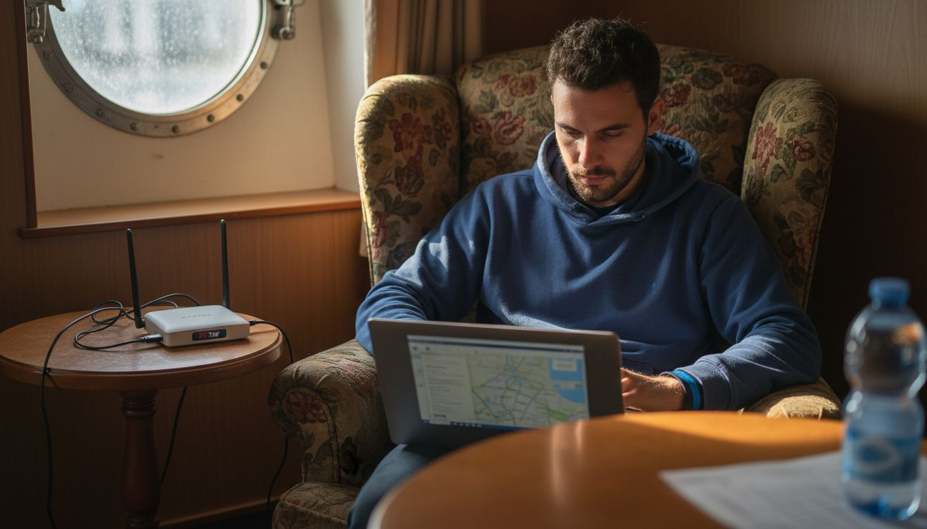 Un viaggiatore si connette a Internet dalla cabina della nave grazie a un router 4G.