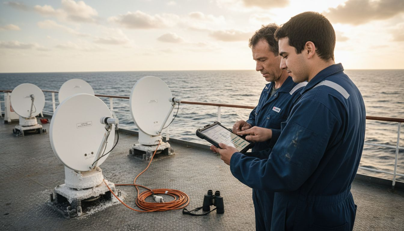 Un grupo de ingenieros inspecciona los equipos satelitales instalados en la cubierta del ferry.