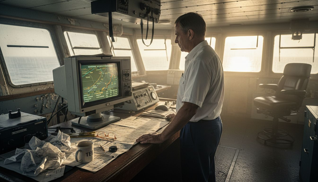 Ein Offizier überwacht auf der Brücke die Sicherheitsanzeigen.