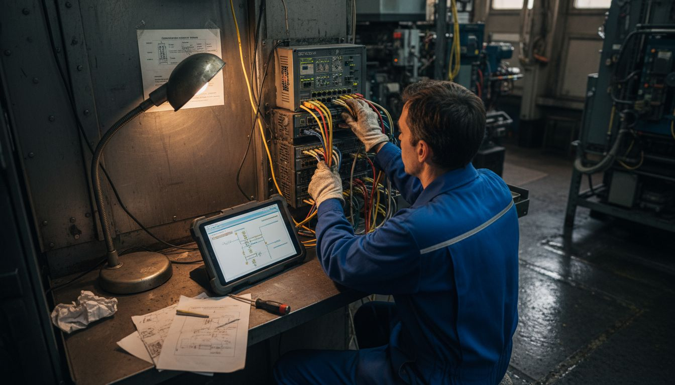 Un ingénieur se charge de mettre en place le système de sécurité informatique à bord du navire.
