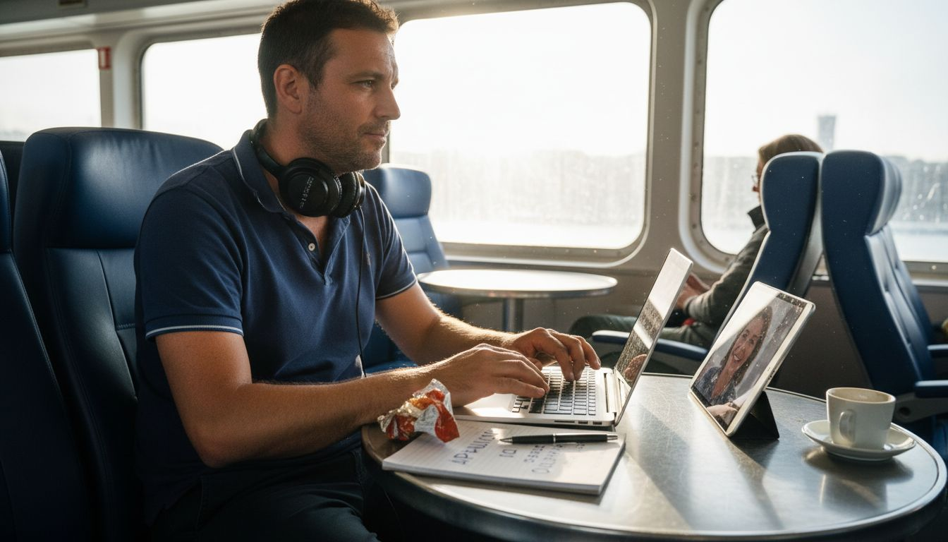 Uomo che lavora al computer nella sala relax di un traghetto