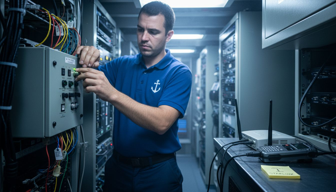 Technician adjusting maritime internet equipment