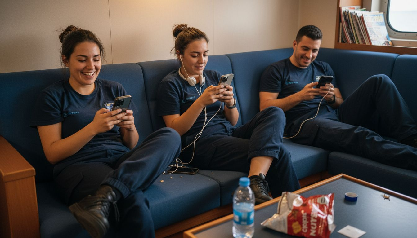 Personal de la tripulación conectándose al WiFi mientras descansa en la sala común