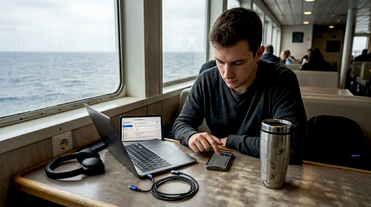 Un passeggero si collega al Wi-Fi mentre il traghetto è in navigazione