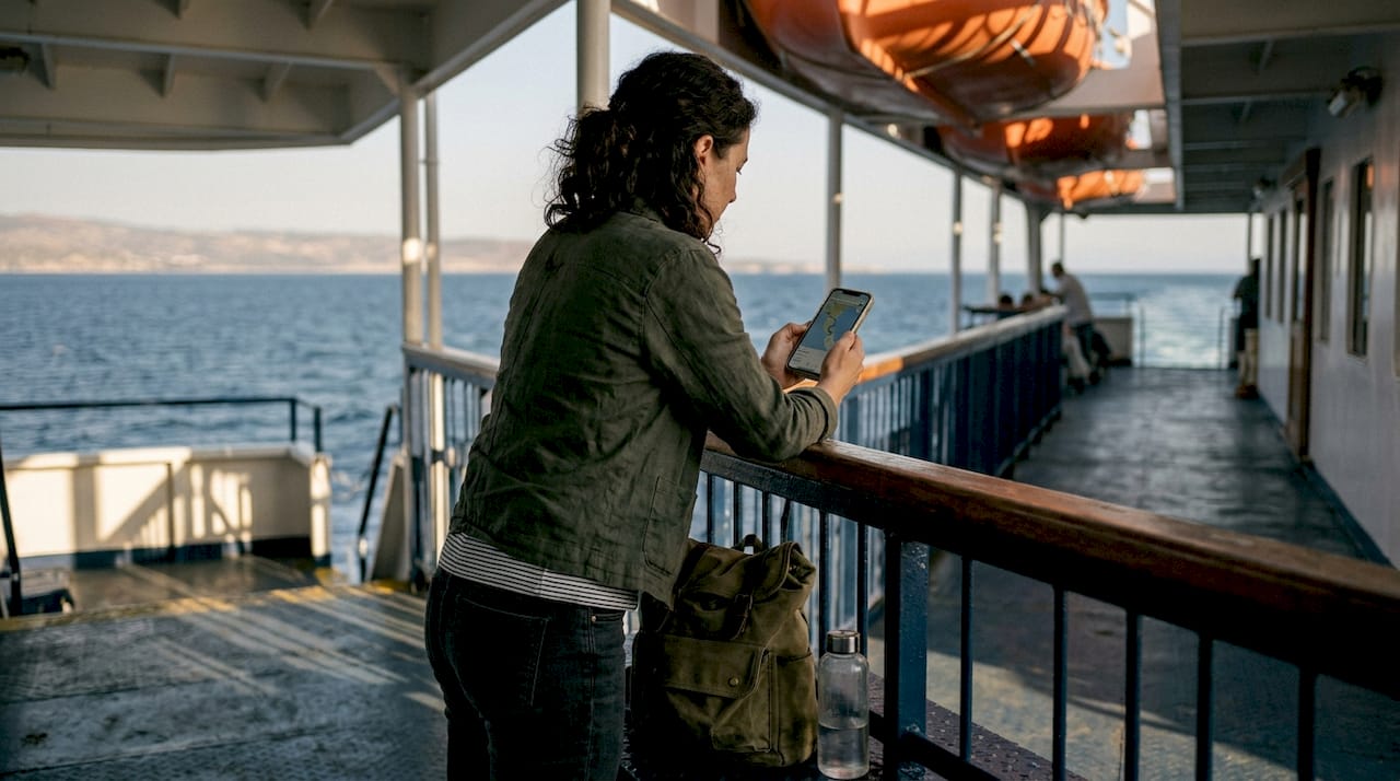 Traveler checking route on deck with smartphone