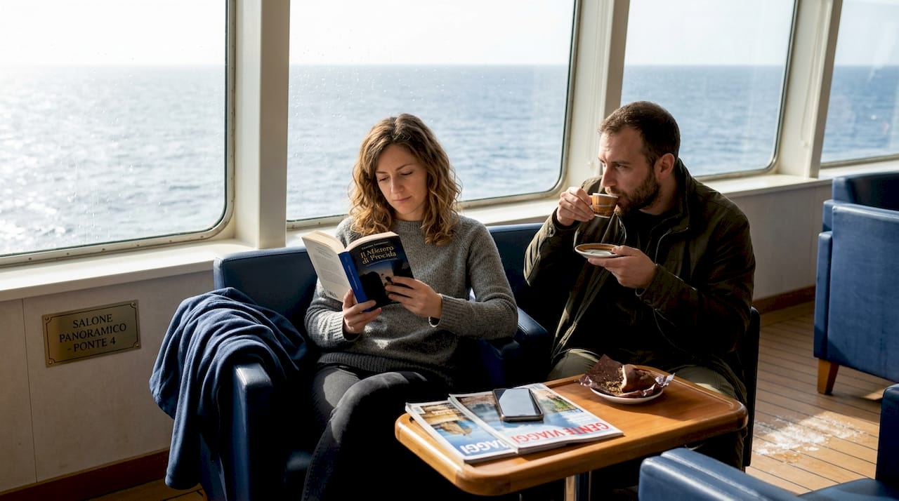 Passeggeri che si godono un momento di relax nell’area lounge del traghetto.