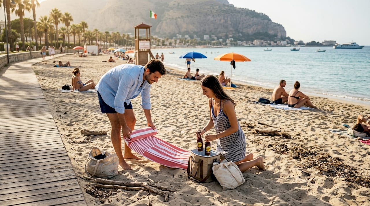 Una coppia che sistema le proprie cose sulla spiaggia di Mondello, a Palermo.