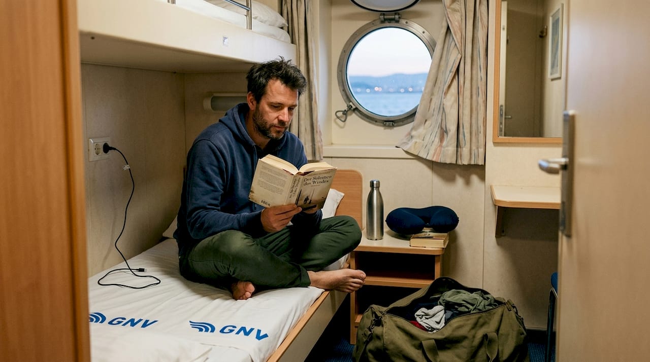 Ein Reisender genießt die entspannte Atmosphäre in der Fährenkabine, während das sanfte Abendlicht durch die Fenster fällt.