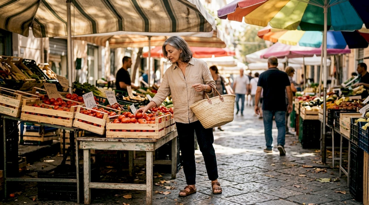 Una mujer recorre los puestos del mercado callejero de Palermo, buscando productos frescos y artesanías.