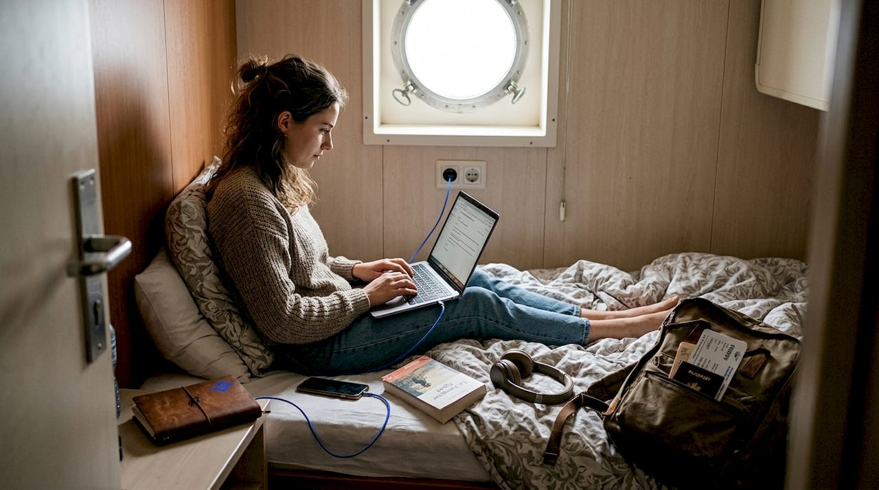 Une femme profite du Wi-Fi dans sa cabine à bord d’un ferry pour travailler sur son ordinateur portable.