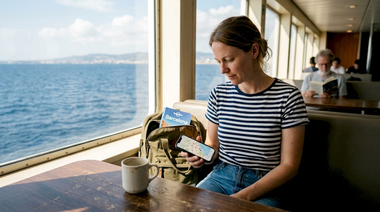 Woman using Wi-Fi on ferry lounge seat