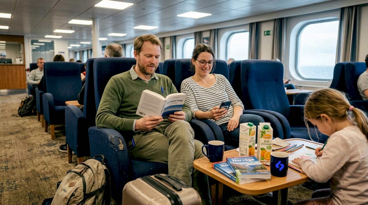 Des voyageurs profitent d’un moment de détente dans le salon du ferry Grimaldi Lines.