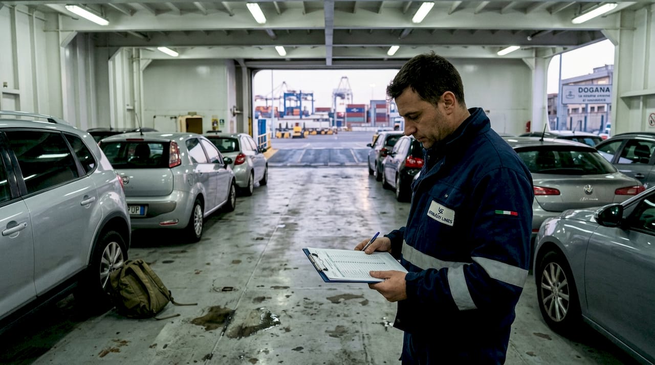 Un membro dell’equipaggio controlla le auto parcheggiate sul ponte del traghetto.