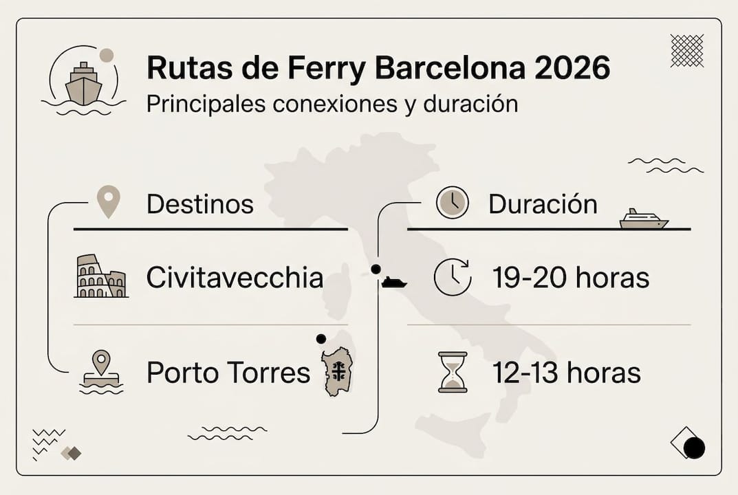 Mapa informativo con las principales rutas y tiempos de viaje en ferry de Grimaldi