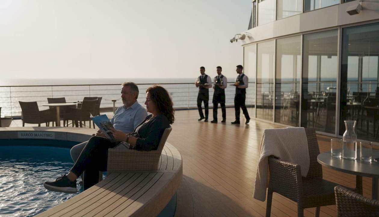 Zona de piscina y restaurante a bordo del ferry de Grimaldi Lines