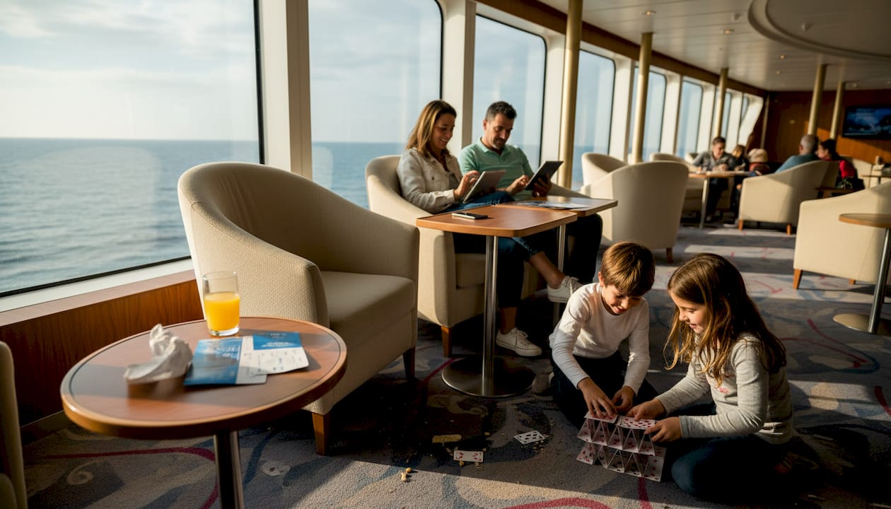 Eine Familie genießt die entspannte Atmosphäre in der Lounge an Bord der Fähre und lässt den Blick über das Meer schweifen.