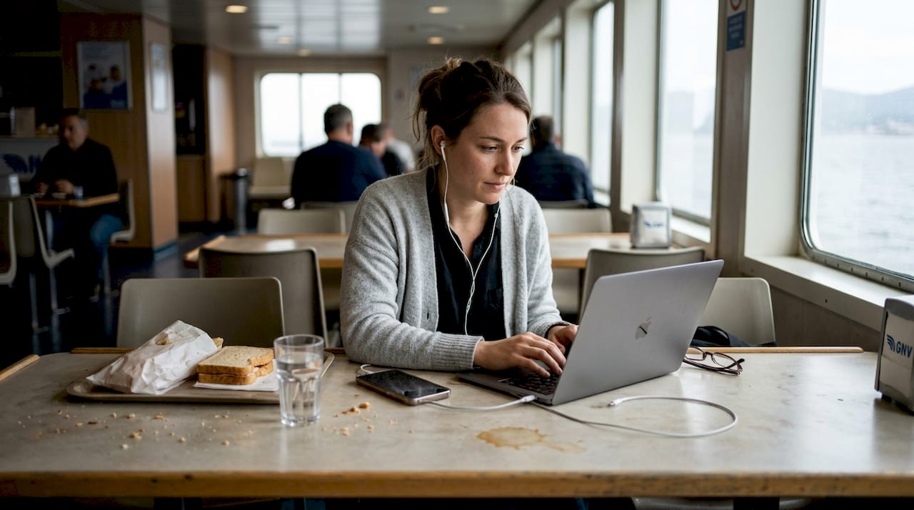 Traveler working online at ferry table