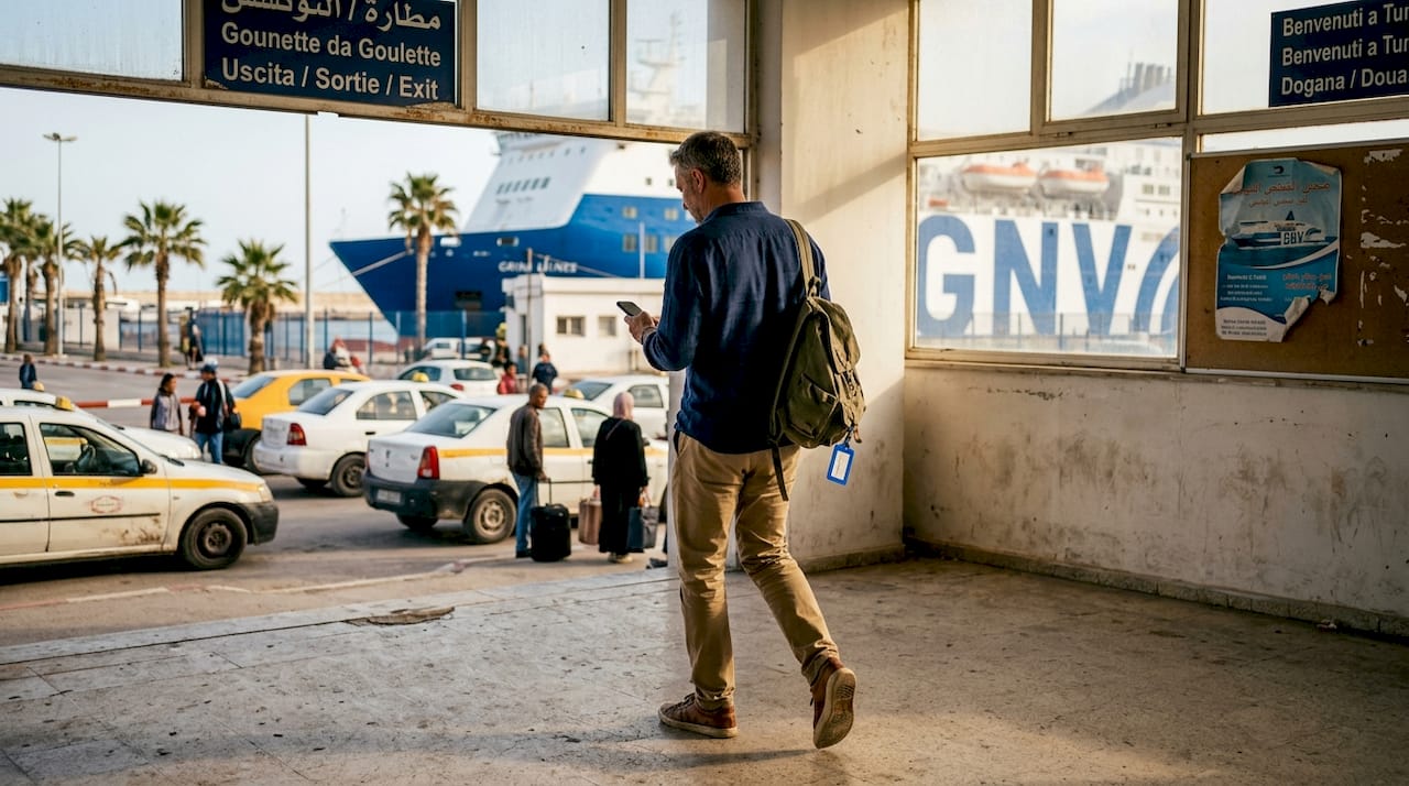 Un passeggero scende dal traghetto appena arrivato al porto di Tunisi.