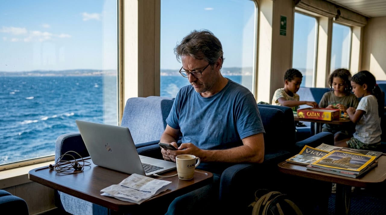 Un viajero aprovecha la conexión WiFi a bordo de un ferry de GNV para navegar por internet durante la travesía.