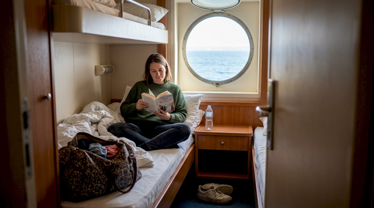In einer gemütlichen Kabine auf der Fähre sitzt eine Reisende und vertieft sich in ein Buch.