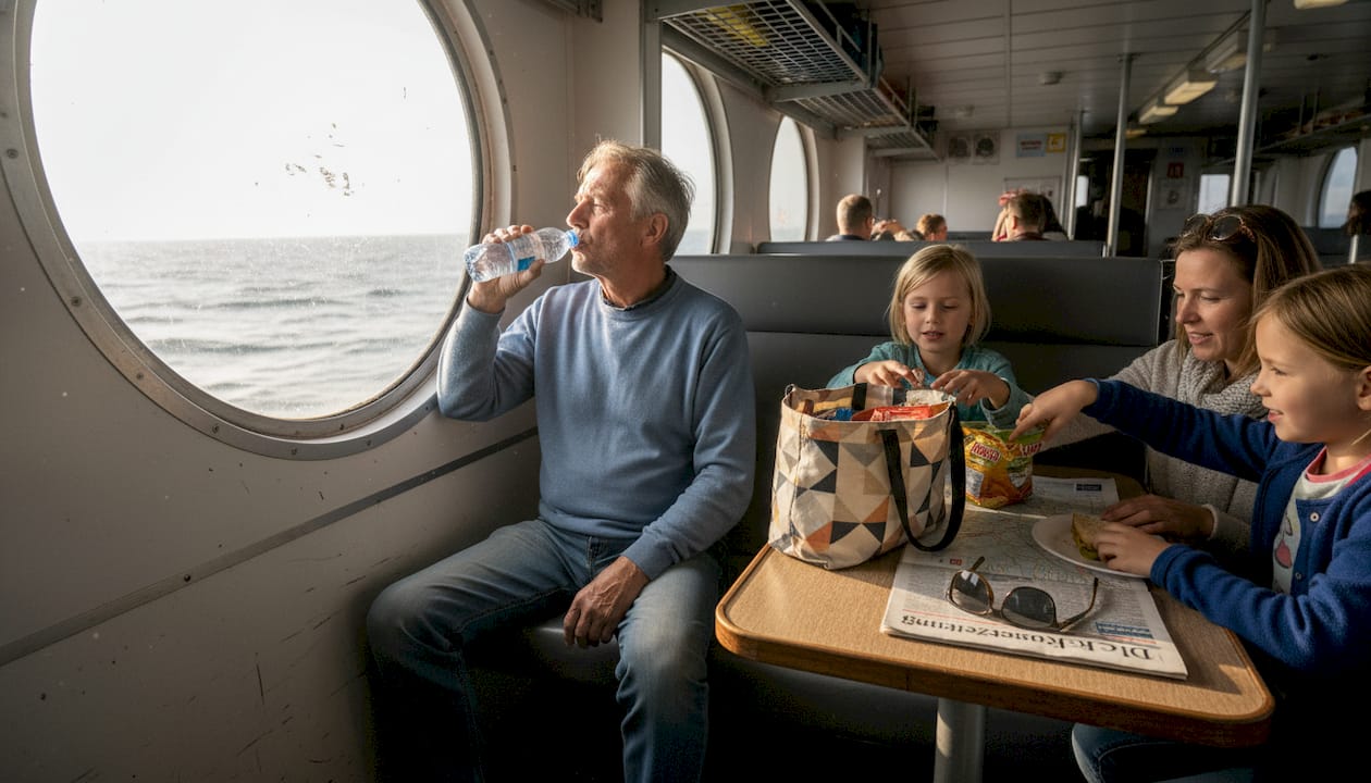 Reisende sitzen im gemütlichen Innenraum einer kleinen Fähre.
