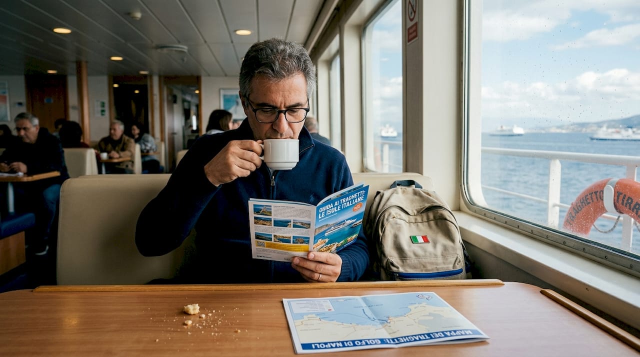 Un passeggero si rilassa nella lounge del traghetto, immerso nella lettura di un buon libro.