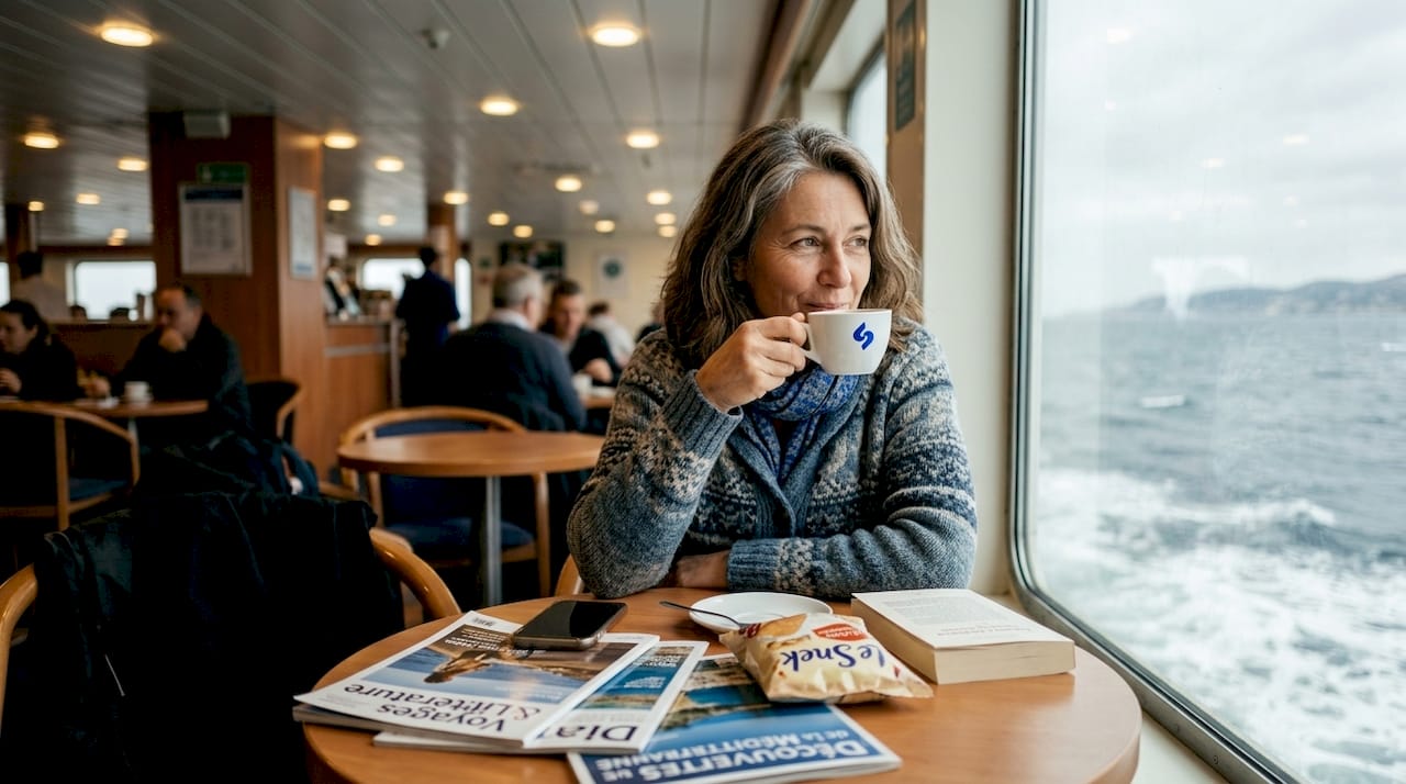 Installée confortablement dans le salon d’un ferry Grimaldi, une femme savoure un café tout en profitant d’un moment de détente.